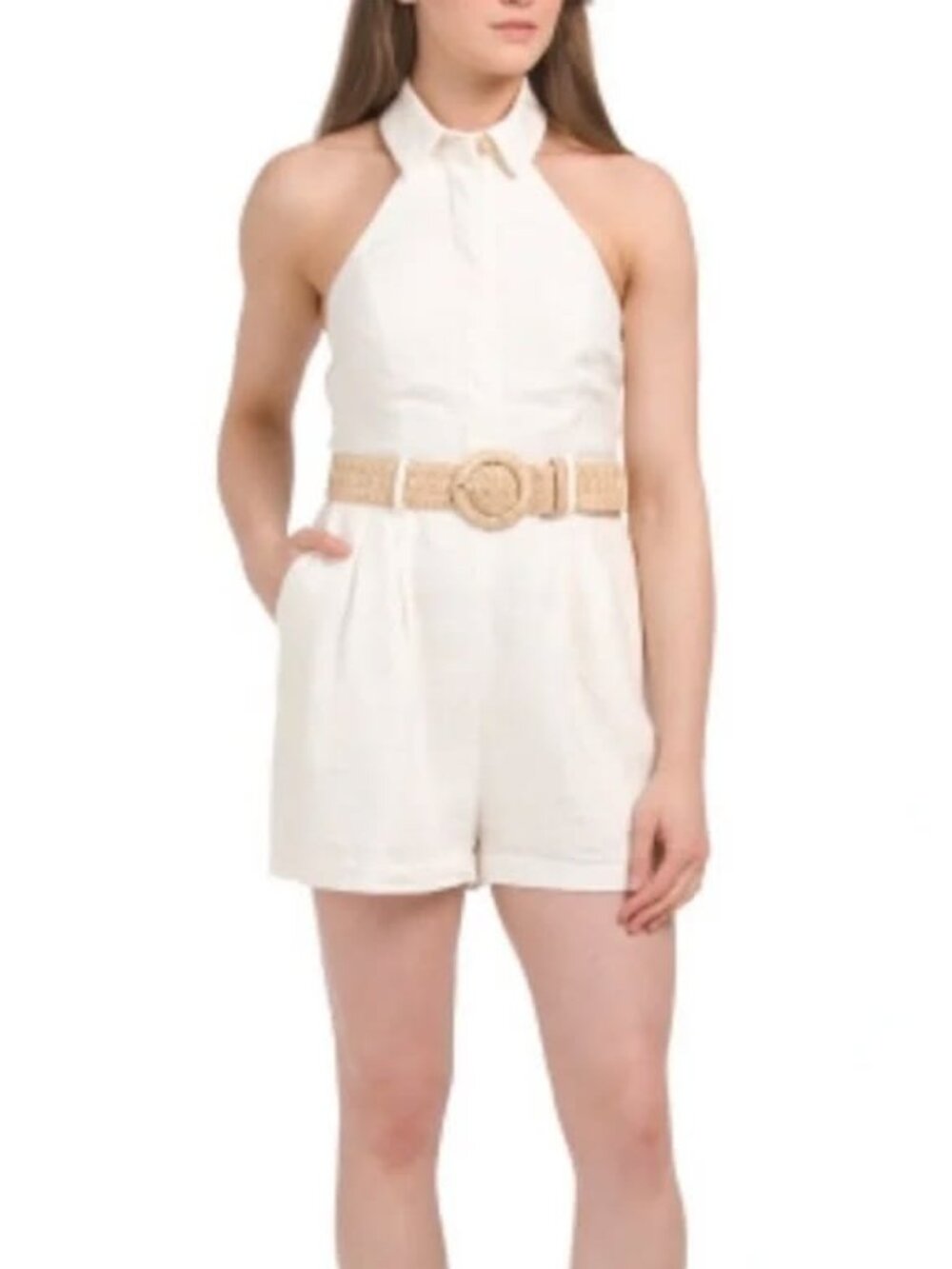 House Of Harlow Women's Linen Halter Collard Belted Romper Classic White Size 8